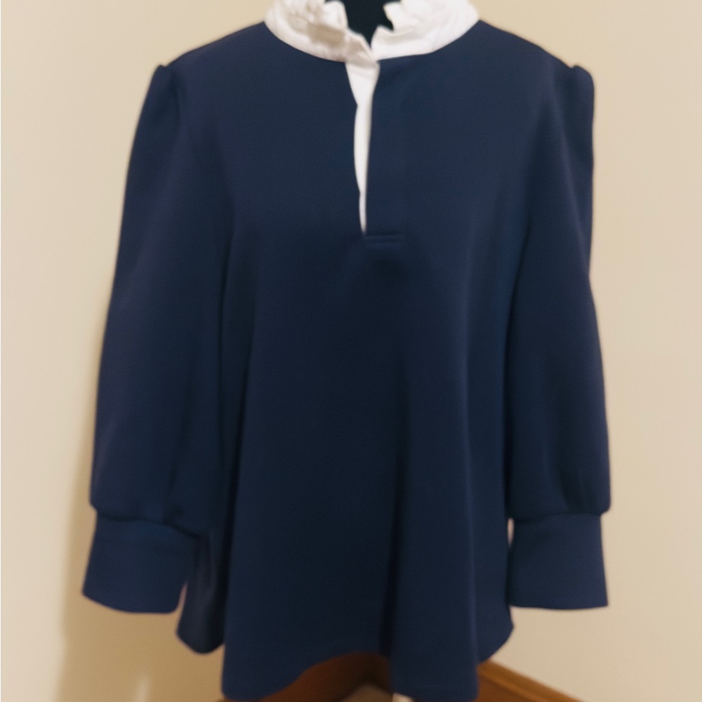 Tuckernuck Navy Blouse with White Ruffle Collar